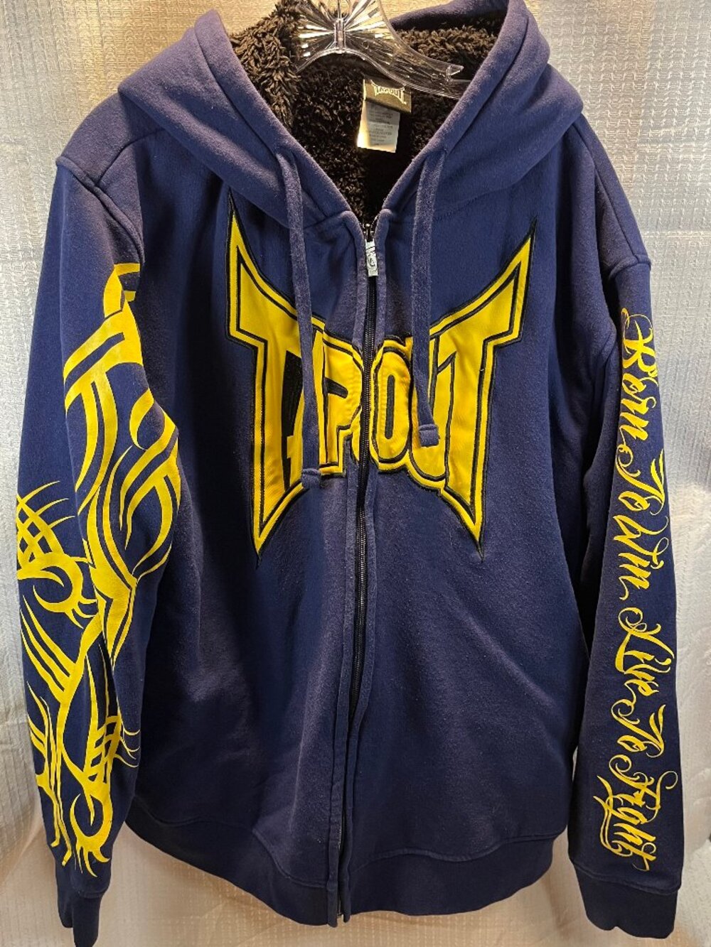 Vintage Y2K Fleece Lined Tapout Hoodie Navy Blue with Yellow Graphics size 2X